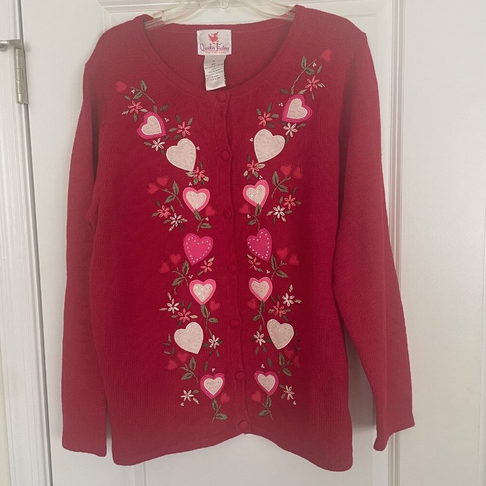 Quacker Factory Cardigan Sweater Valentines Day Embroidered Hearts Red Womens XL